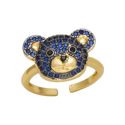 OCESRIO Multicolor Crystal Cute Bear Rings for Women Copper Gold Plated CZ Animal Open Ring Jewelry Women Girl Gift rigk70