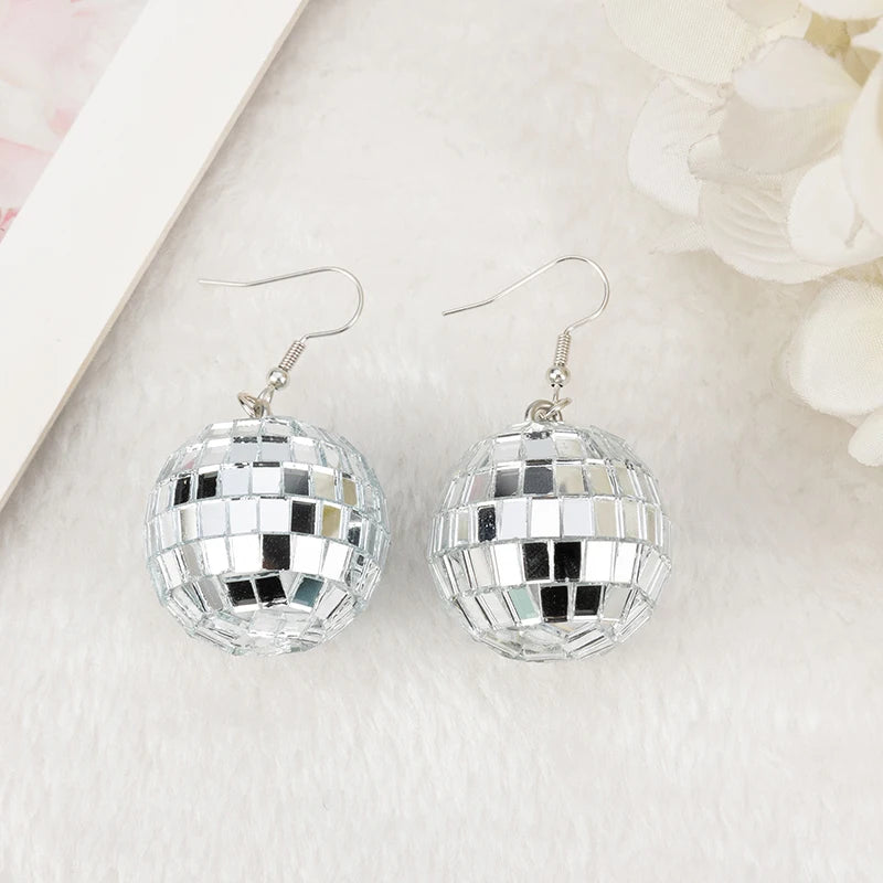 1Pair Fishon Dangle Earrings 3D Light Reflective Rotating Disco Ball For Women Birthday Part Gift