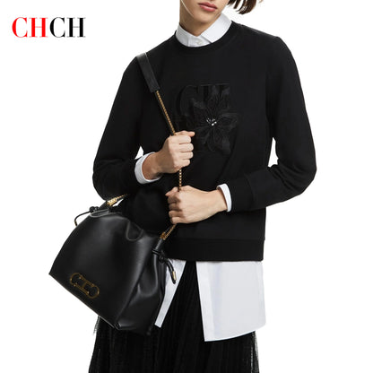 CHCH Women's Hoodie New Black Round Neck Embroidered Women's Top