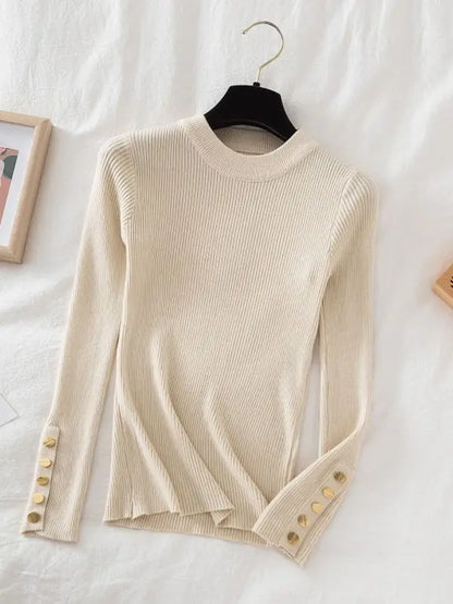 2025 women thick sweater pullovers khaki casual autumn winter button o-neck chic sweater female slim knit top soft jumper tops