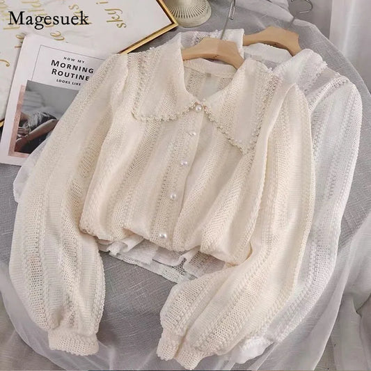 Elegant Button Lace Blouse Women Spring New Hollow Peter Pan Collar White Tops Fashion Office Lady Long Sleeve Solid Shirt 14562