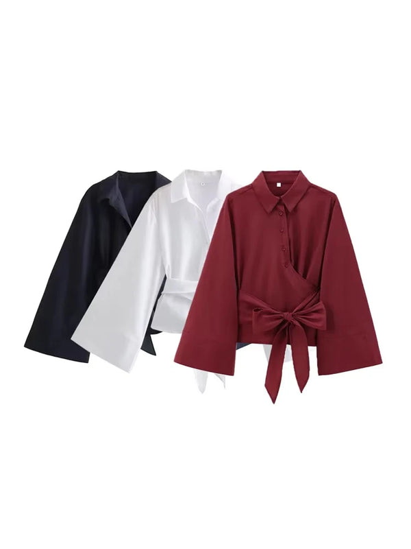 TRZA-Women's Long Sleeve Kimono Blouses With Bow Tie, Front Button, Female Shirts, Chic Tops, Fashion