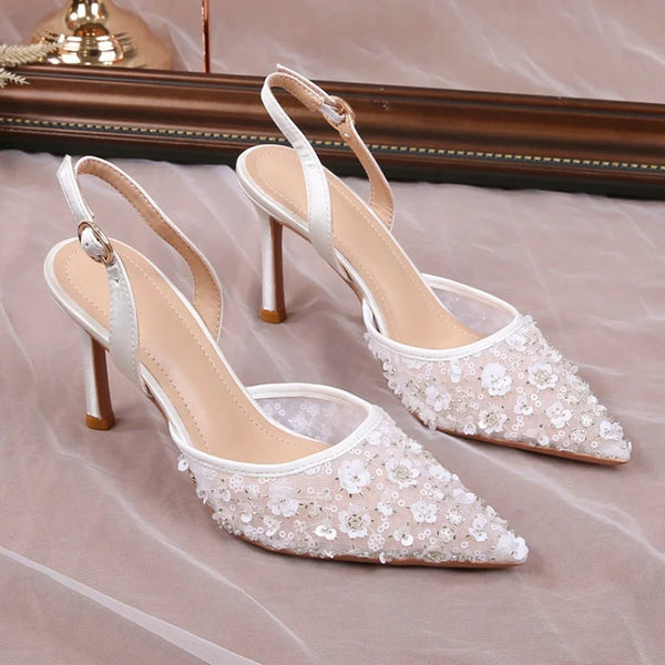 2025 Summer Lace Beaded Wedding Shoes Back Strap High Heels Bridesmaid Sandals For Women French Party Heels