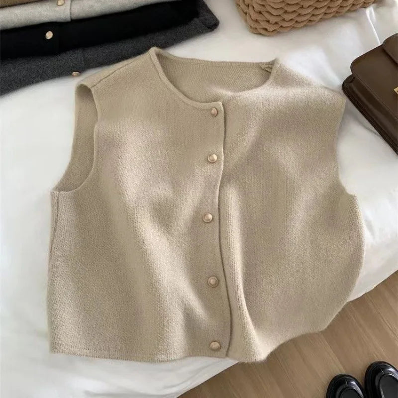 Fashion Office Lady Elegant Tops Spring Autumn Women's Solid Button V-Neck Sleeveless Casual Sweater Knitted Cardigan Vest Coats