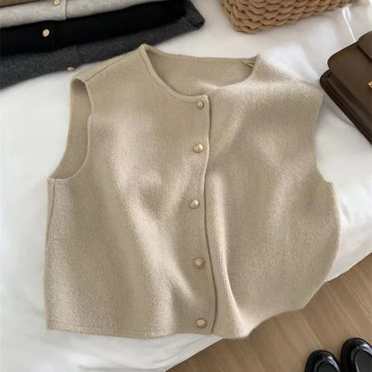 Fashion Office Lady Elegant Tops Spring Autumn Women's Solid Button V-Neck Sleeveless Casual Sweater Knitted Cardigan Vest Coats