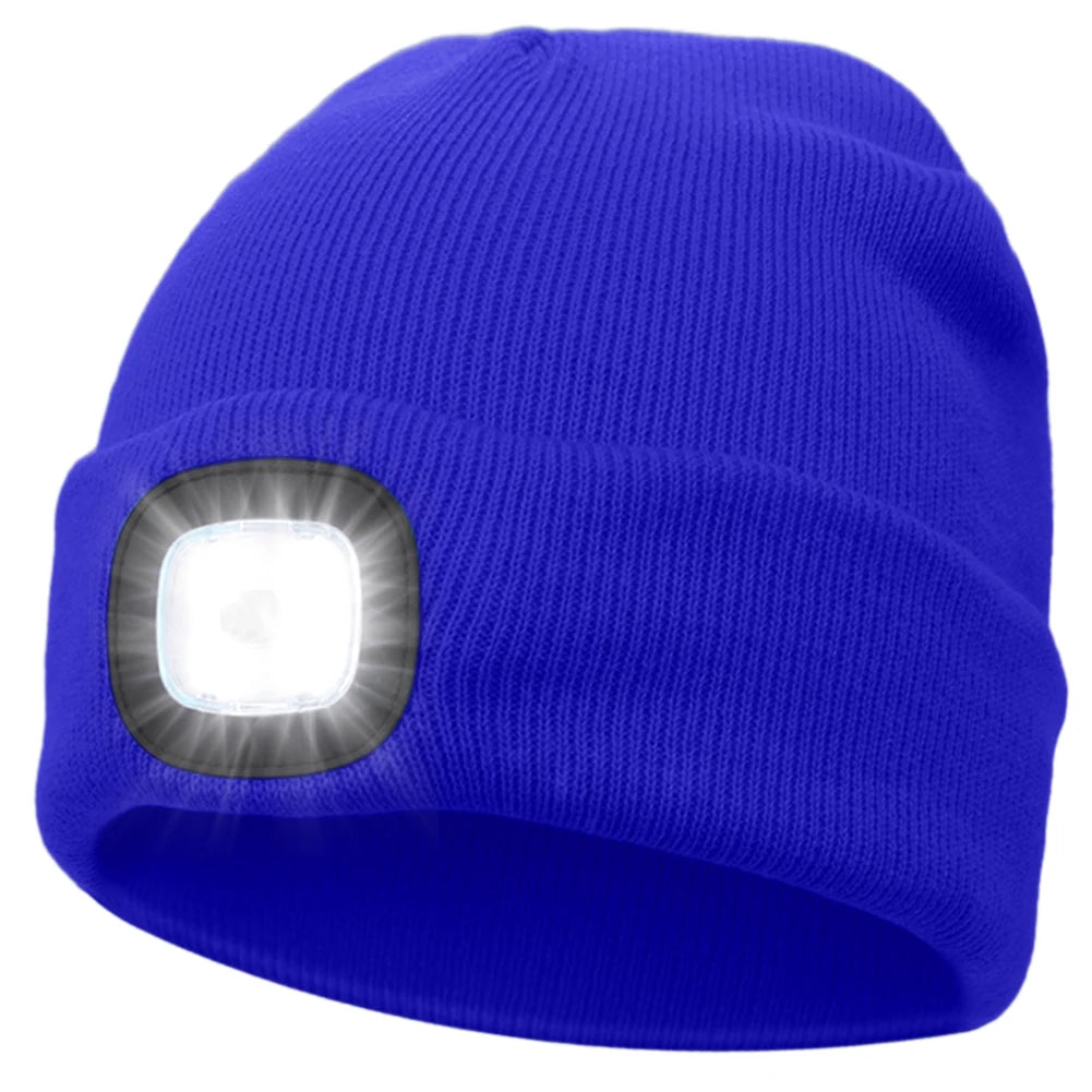 Unisex 4 LED Beanie Hat Hands Free Headlamp Cap for Men and Women Winter Knit Lighted Headlight Hats Portable Headlamp Torch