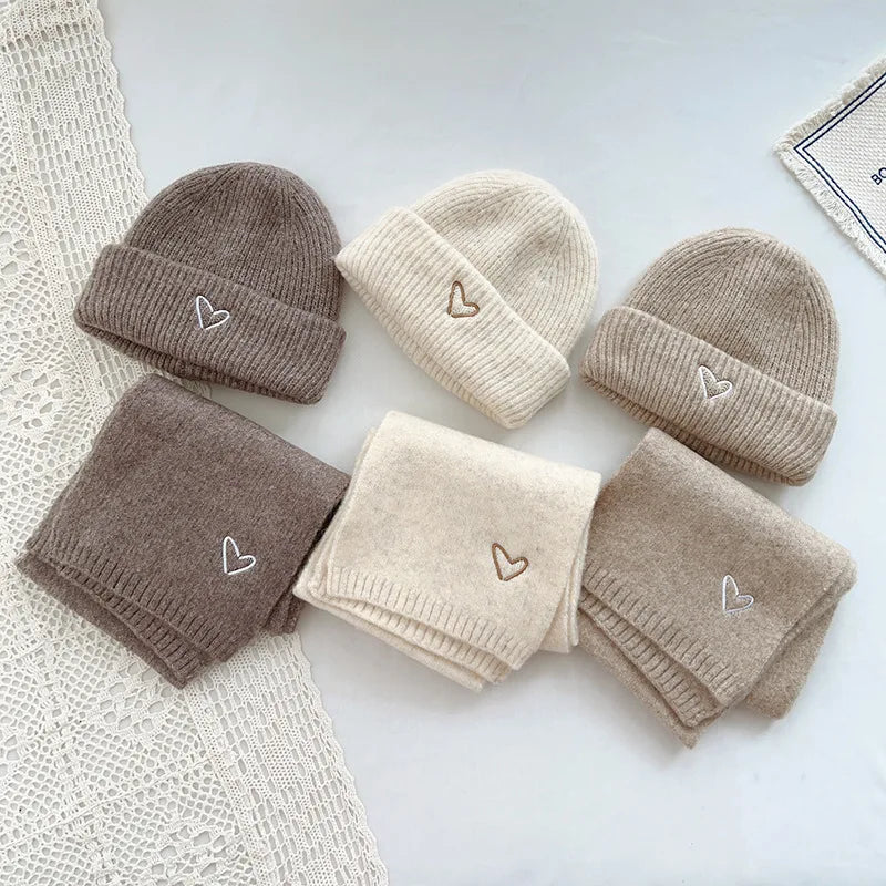 Love Heart Embroidery Baby Knit Hats Winter Children Solid Color Thick Soft Crochet Warm Beanie Cap Kids Korean Outdoor Warm Hat