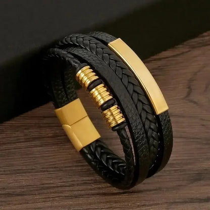 Multi Layers PU Leather Mens Magnut Closure Bracelet Waved Leather Gold Color Metal Tube Charm Fashion Mens Jewelry Hiphop