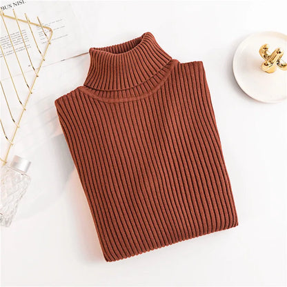 2024 Autumn Winter Women Long Sleeve Knitted Foldover Turtleneck Ribbed Pull Sweater Soft Warm Femme Jumper Pullover Clothes