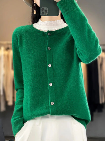 Long Sleeve 100% Merino Wool Sweaters Cashmere Cardigan Spring Autumn Women O-Neck Knitwear Tops Clothing Fashion Basic Tops