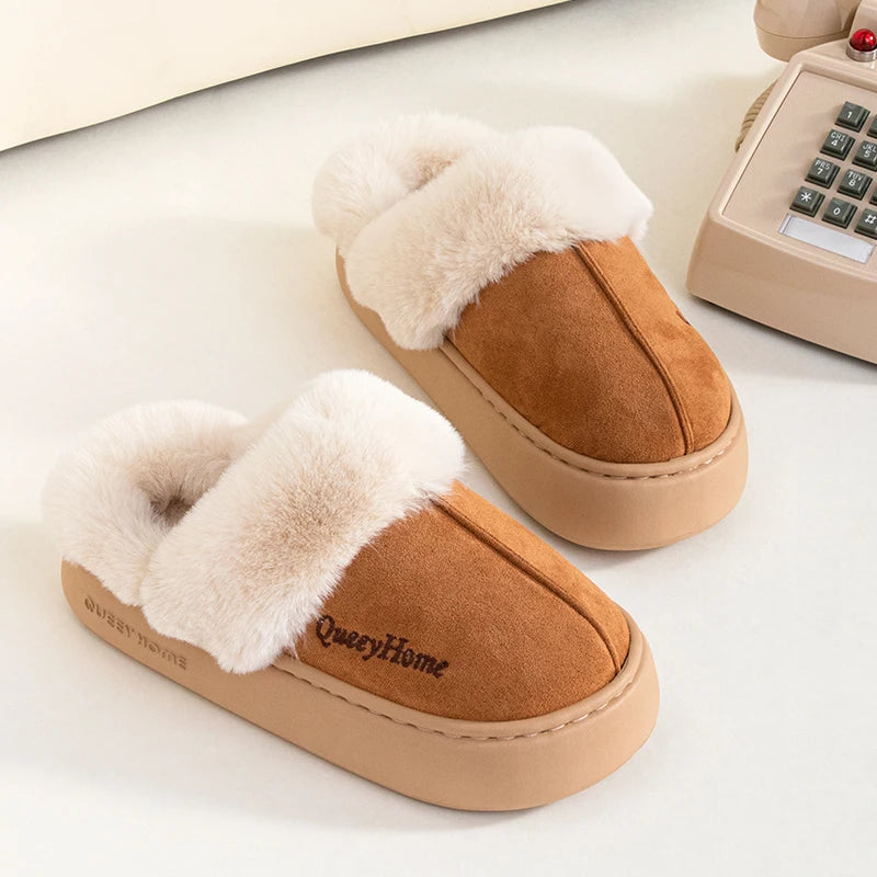 Queeyhome Winter Women Flat-Bottomed Plush Commute Solid Color Versatile Cotton Slippers Warm Cozy Indoor-Outdoor Man Shoes