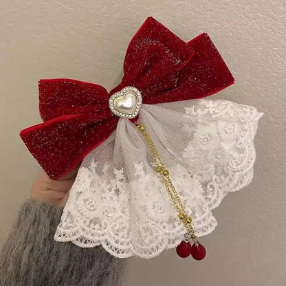 1pc Sweet temperament, lace red bow, one line clip, runaway princess, broken diamond hair clip, back of the head clip headband