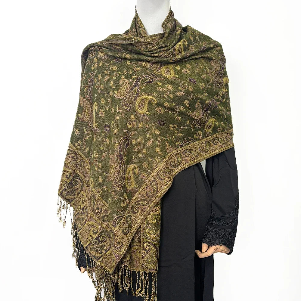 Fashion Ladies Paisley Kashmiri Imitated Pashmina Tassel Scarf Hijab Knitted Jacquard Bauhinia Vintage Scarf 180*70cm