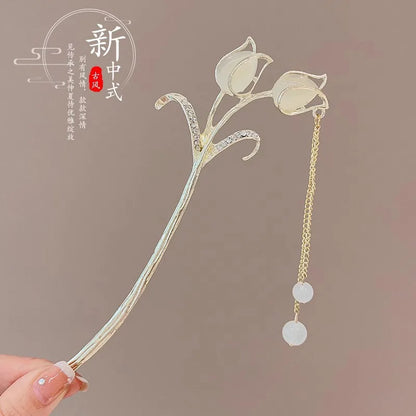 Elegant Chinese Style Hair Accessory Romantic Enameled Flower Tassel Hair Clip Alloy Jewelry Hairpin For Women Fashion Hairpin