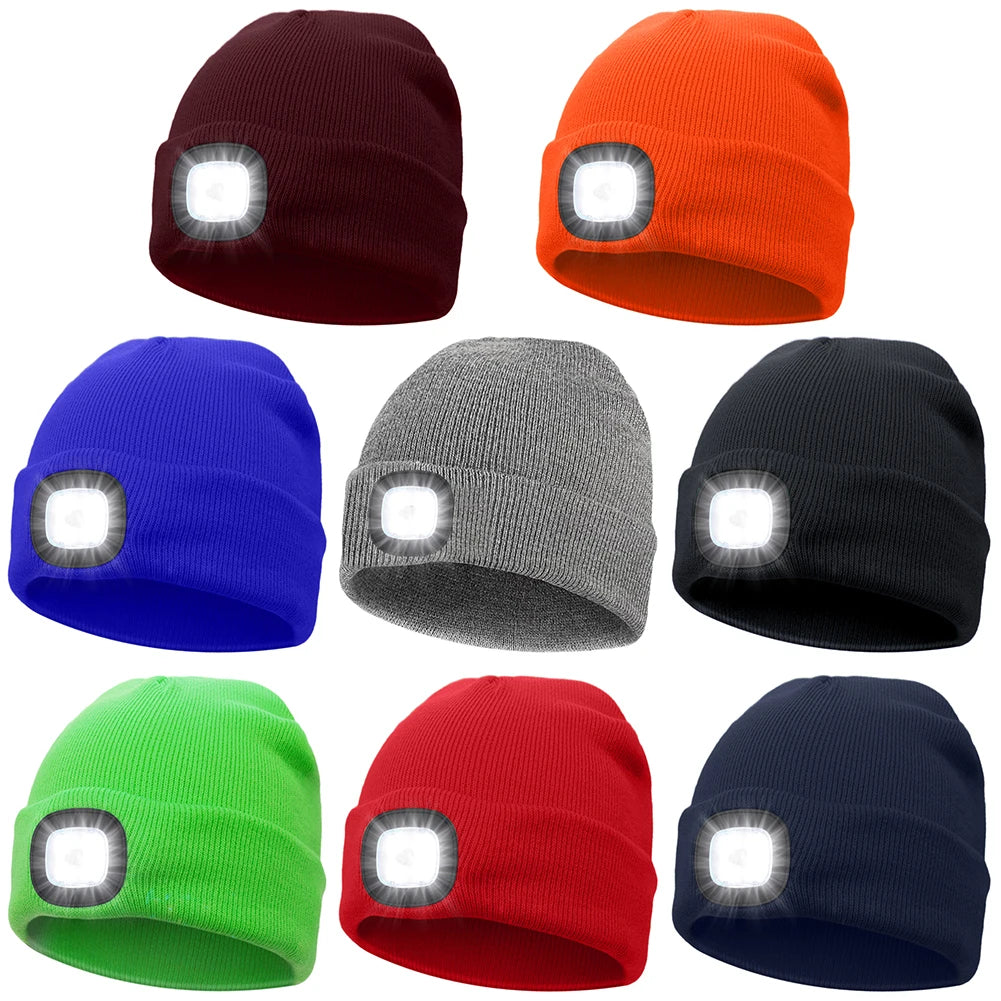 Unisex 4 LED Beanie Hat Hands Free Headlamp Cap for Men and Women Winter Knit Lighted Headlight Hats Portable Headlamp Torch