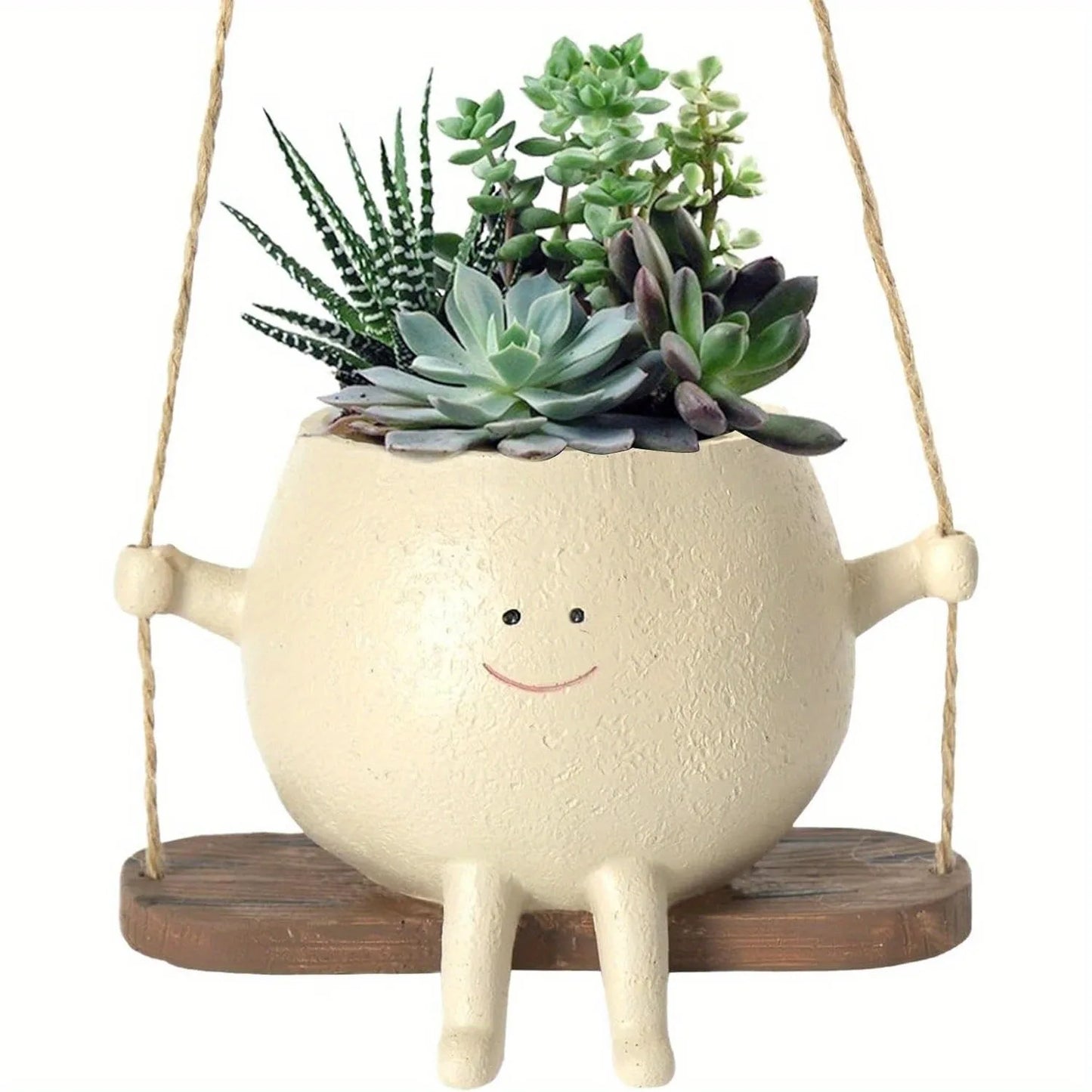 1pc Resin Hanging Planter Pot Rustic Succulent Plant Holder Smiling Face Design With Swing Base Outdoor Garden Indoor Home Decor