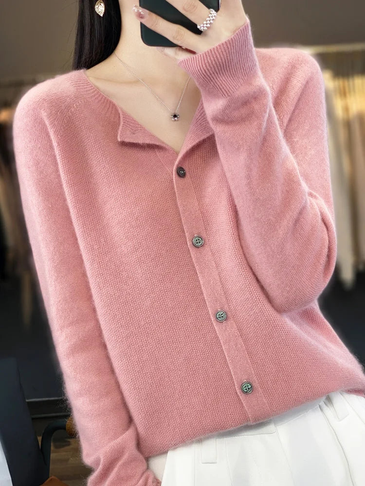 Long Sleeve 100% Merino Wool Sweaters Cashmere Cardigan Spring Autumn Women O-Neck Knitwear Tops Clothing Fashion Basic Tops