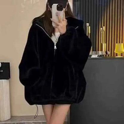 Faux Fur Coat Women Casual Hoodie Loose Fluffy Thicken Warm Jacket Female Winter Fashion Solid Zipper Warm Outwears Lady