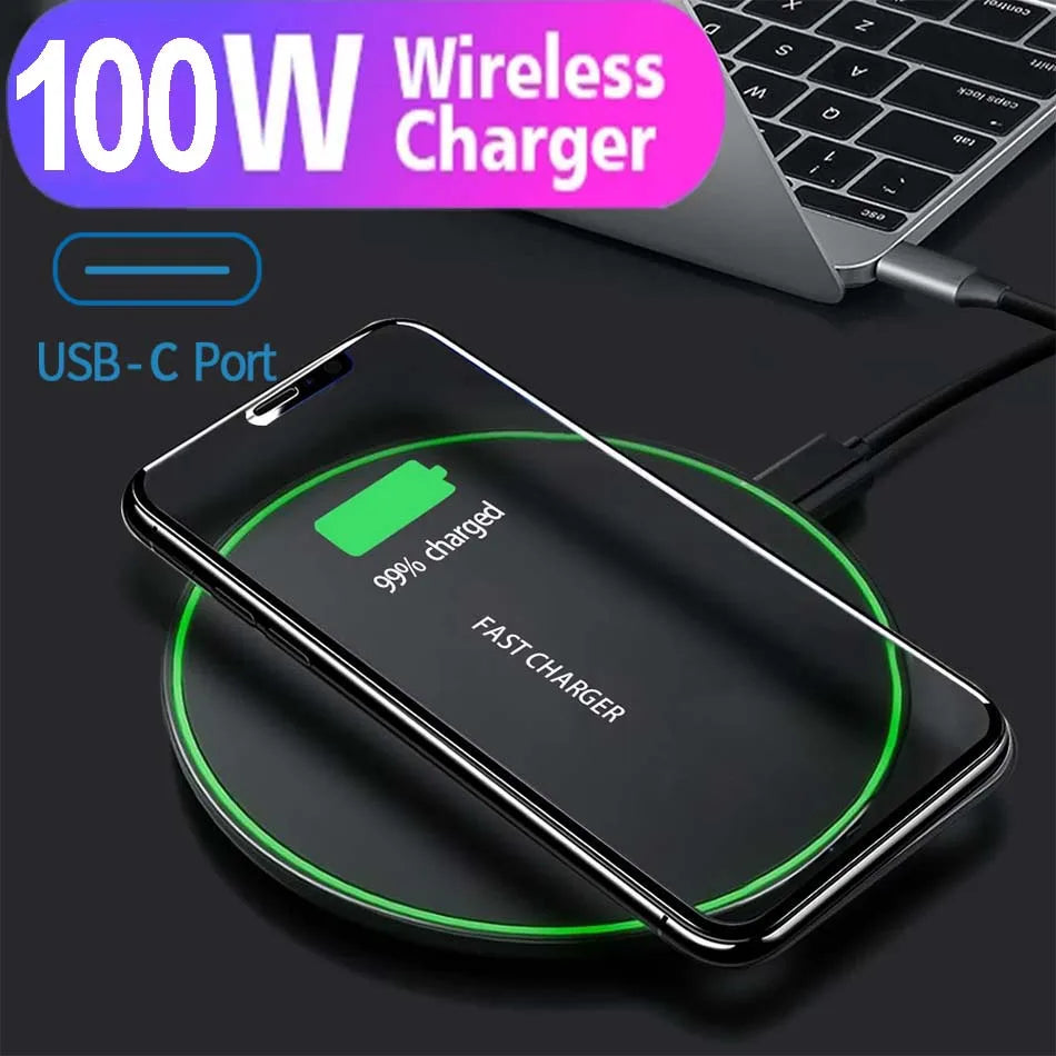 100W Wireless Charger For iPhone 16 15 14 13 Pro Xs Max Mini 15 Induction Fast Wireless Charging Pad For Samsung S22 s8 s9 s10