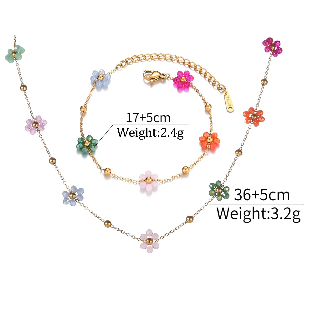 Gold Plated Stainless Steel Waterproof Necklace Bracelet Set Colorful Artificial Crystal Flower Chain Jewelry Set for Women Gift