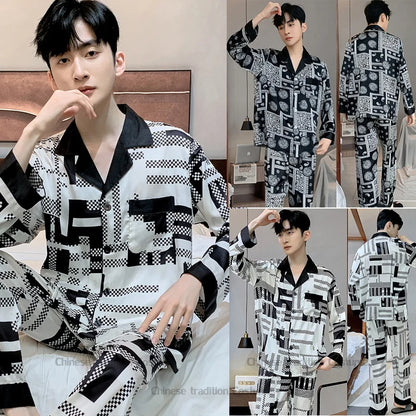 Satin Sleepwear Luxury Print Trousers Suit Male's Home Clothes Long Sleeve Trousers Set Men Casual Nightwear Fashion Outwear