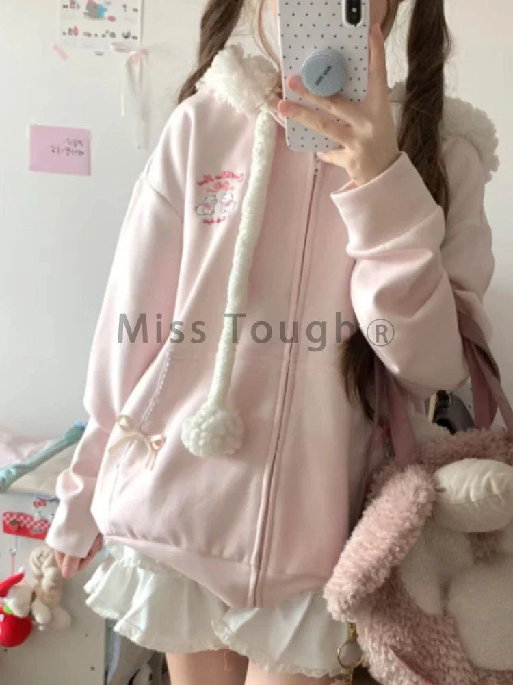 Autumn Kawaii Sweet Long Sleeve Loose Coat Women Japanese Cute Zipper Embroidery Hoodie Female Casual Chic Solid Lovely Overcoat