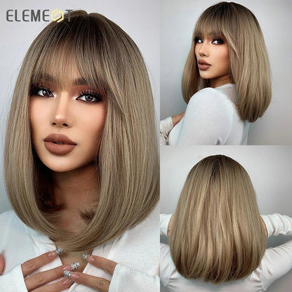 Element 16 Inch Synthetic Wig With Bangs Natural Headline Ombre Brown Color Fashion Cosplay Party Replacement Wigs for Women