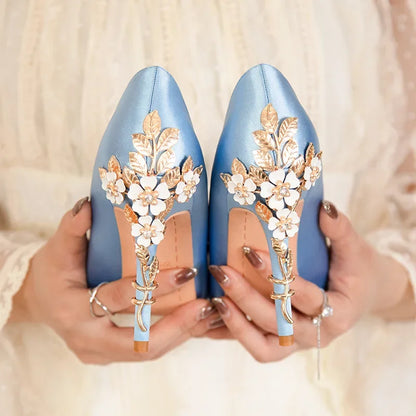 Fashionable light luxury sexy women's shoes,fashionable floral slim heels, high heels, wedding shoes, pointed satin single shoes