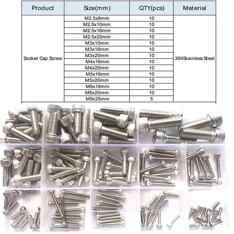 420/210/180/110/75PCS 304 Stainless Steel Allen Hexagon Hex Socket Cap Head Screw Bolt and Nut Set M2 M2.5 M3 M4 M5 M6 M8 Kit