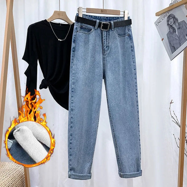 Fleece Thick Warm Straight Leg Jeans, Women's New Autumn and Winter Fashion Loose High-waisted Harlan Jeans, Casual Daddy Pants