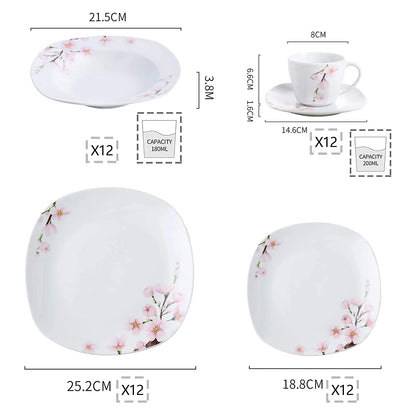 VEWEET ANNIE 60-Piece White Ceramic Pink Floral Porcelain Plate Set with Dinner Soup Dessert Plate ,Cups Saucers for 12 Person