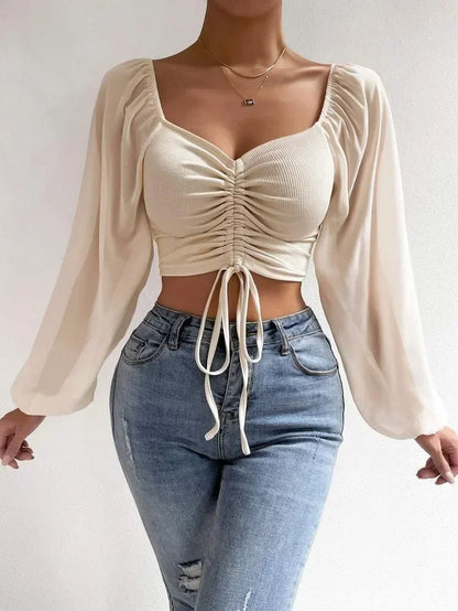 Sexy V-neck Women T Shirt Casual Drawstring Crop Tops Tee Ladies Blusas Summer Short Tshirt Woman Clothes Long Sleeve T Shirt