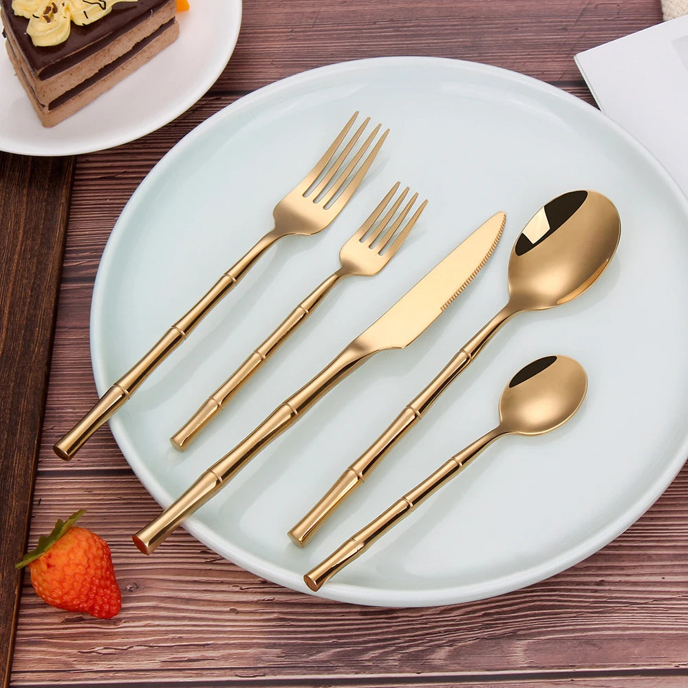 10/15/20/25/30pcs Sliver Dinner Set Stainless Steel Western Tableware Mirror Cutlery Bamboo Style Spoon Fork Kitchen Utensils