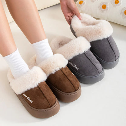 Queeyhome Winter Women Flat-Bottomed Plush Commute Solid Color Versatile Cotton Slippers Warm Cozy Indoor-Outdoor Man Shoes