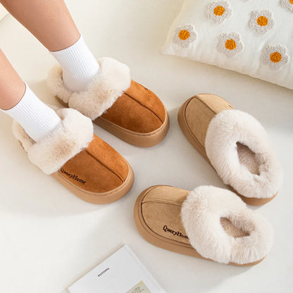 Queeyhome Winter Women Flat-Bottomed Plush Commute Solid Color Versatile Cotton Slippers Warm Cozy Indoor-Outdoor Man Shoes