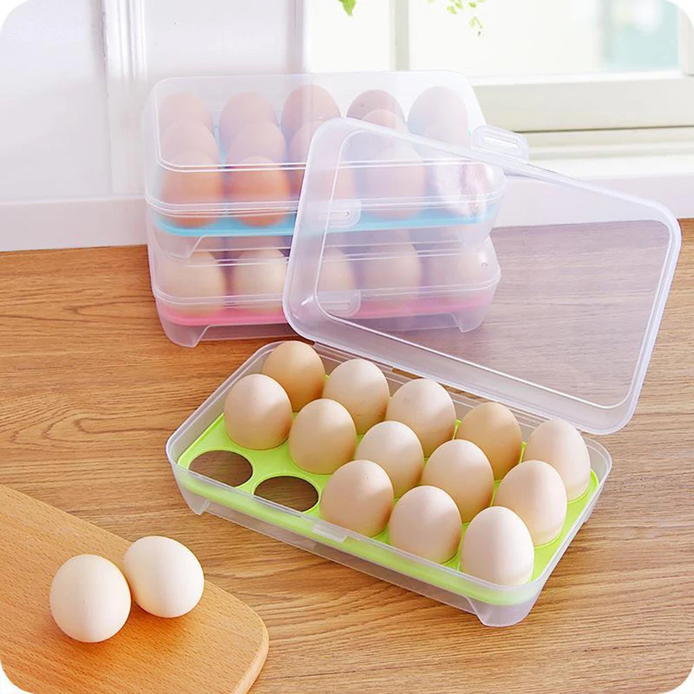 15 Grid Refrigerator Egg Storage Box Plastic Egg Fresh-keeping Case Holder with Lid Transparent Dispenser Kitchen Food Organizer