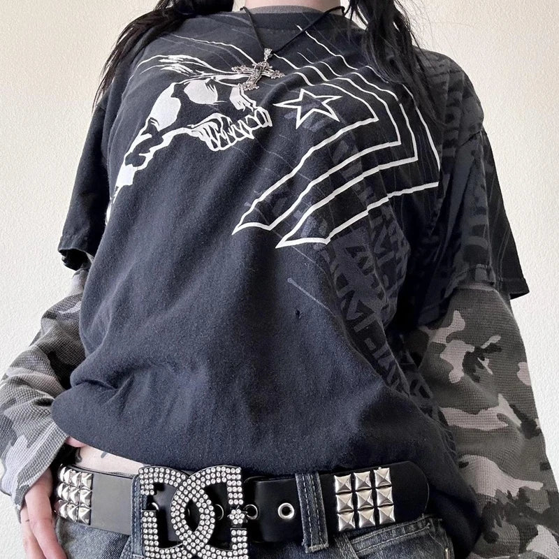 Y2K Grunge Emo Vintage T-shirt 2000s Cross Cyber Goth Patchwork Long Sleeve Tees E-girl Gothic Harajuku Loose Tops Women Men