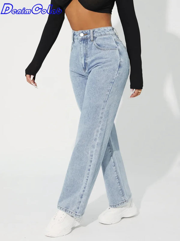 Denimcolab 2023 New High Waist Straight Leg Jeans Woman Simple Style Casual Cotton Denim Pants Ladies Loose Streetwear Jeans