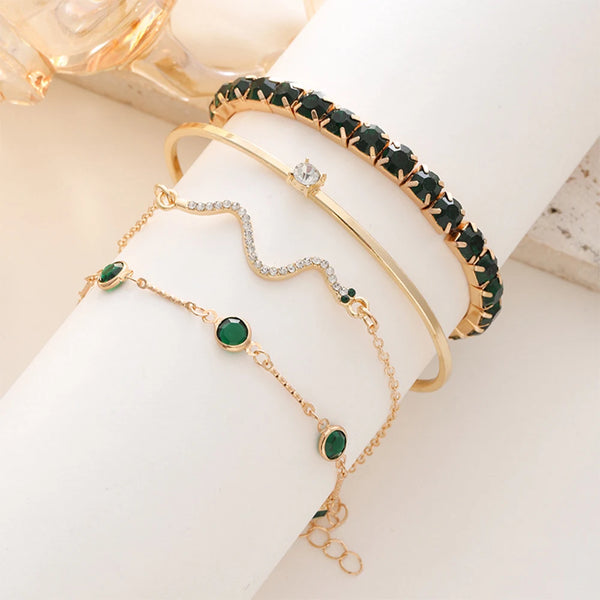 4 Piece Set Women Retro Green Diamond Square Bracelet Versatile Diamond Bracelet Fashionable Versatile Personalized Accessory