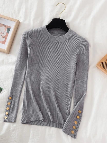 2025 women thick sweater pullovers khaki casual autumn winter button o-neck chic sweater female slim knit top soft jumper tops