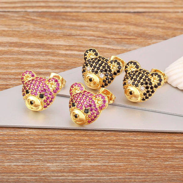 Korea Popular Little Bear Shape Pave Zircon Stud Earrings 8 Colors For Women Cute Ear Jewelry Accessories Birthday Party Gifts