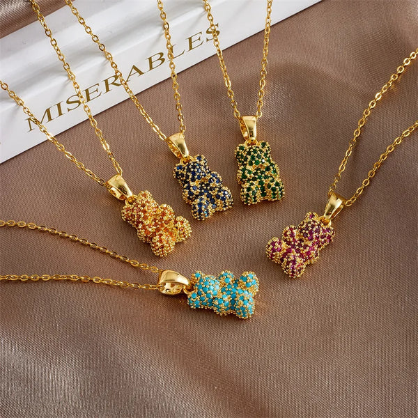 Stainless Steel Chain Classic Shiny Zircon Cute Bear Pendant Necklace for Women Lady Vintage Jewelry Accessories Gifts