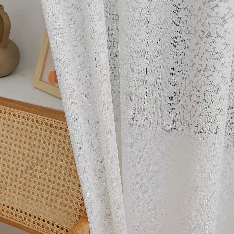 Yeman Gauze Leaf Lace Window Curtain Pure White Embroidery Translucent and Opaque Living Room Balcony Japanese Style