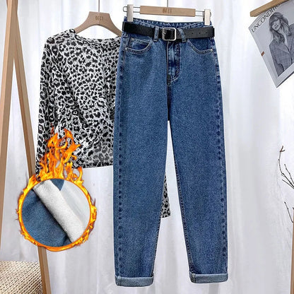 Fleece Thick Warm Straight Leg Jeans, Women's New Autumn and Winter Fashion Loose High-waisted Harlan Jeans, Casual Daddy Pants