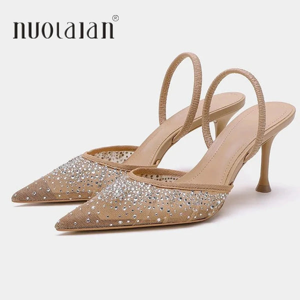 New Summer Women's Sandals Rhinestone Bright Mesh High Heels Footwear Elegant Slingback Pointed Slip on Party Lady Pumps Shoes