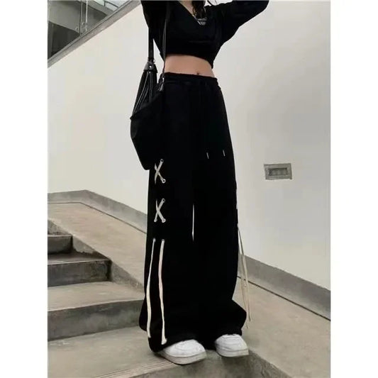 High Street Women's Loose-Fit Casual Trousers 2024 New Spring Dull Black Drawstring Sweatpants Trendy Pulled-Down Pants For Men