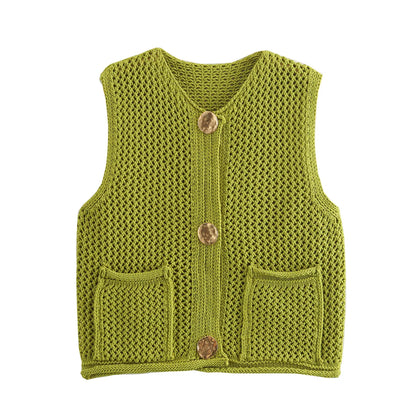 TRAFZA Knit Vests For Women Vintage Solid Metal Buttons Sweater With Pockets O Neck Sleeveless Waistcoat Y2k Crop Top Vest