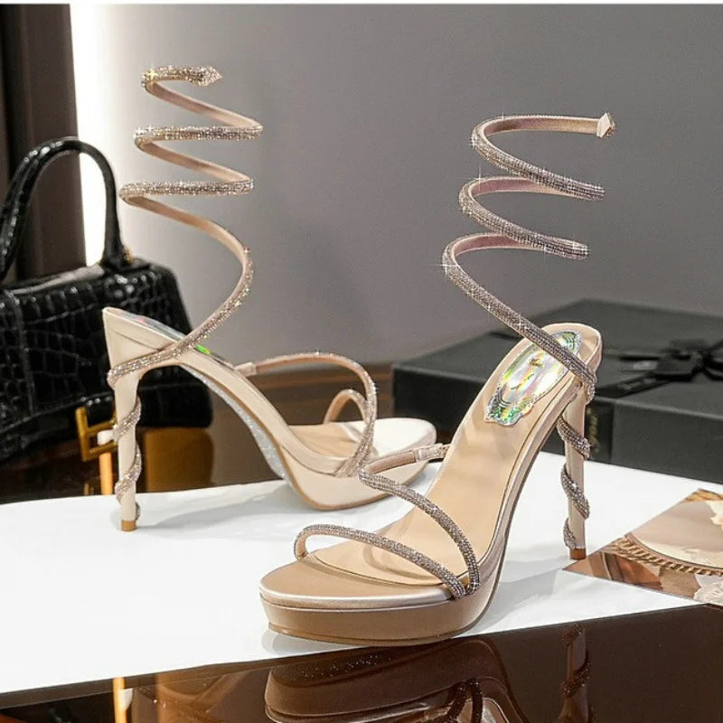 Hottest Rhinestone One-line Sandals Women's Serpentine Winding Sexy Open Toe Stiletto Platform Heels