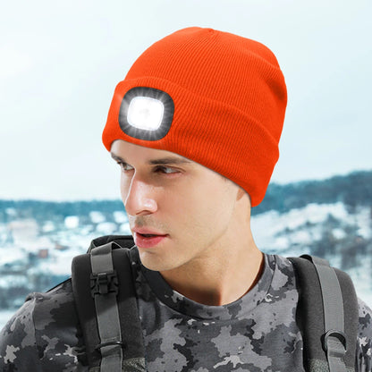 Unisex 4 LED Beanie Hat Hands Free Headlamp Cap for Men and Women Winter Knit Lighted Headlight Hats Portable Headlamp Torch