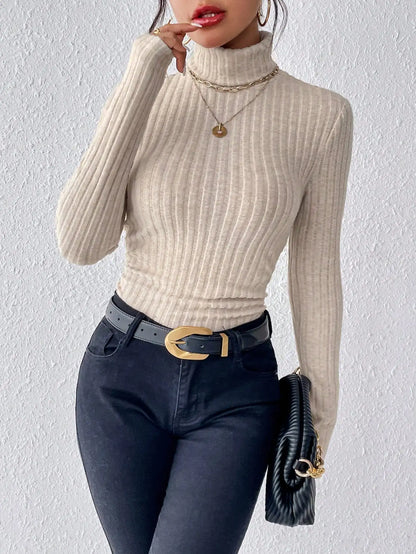 Autumn and Winter Sexy Texture Pit Stripe Slim Knit Long Sleeve Women's t-shirt New High Neck Women's Tops Casual Women's Tops